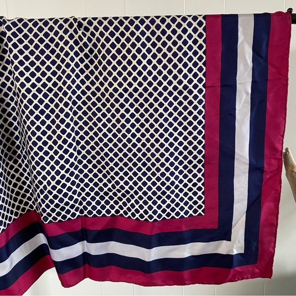 Vintage Yves Saint Laurent Silk Scarf Square Pink Blue Diamond Pattern Logo - Picture 5 of 16